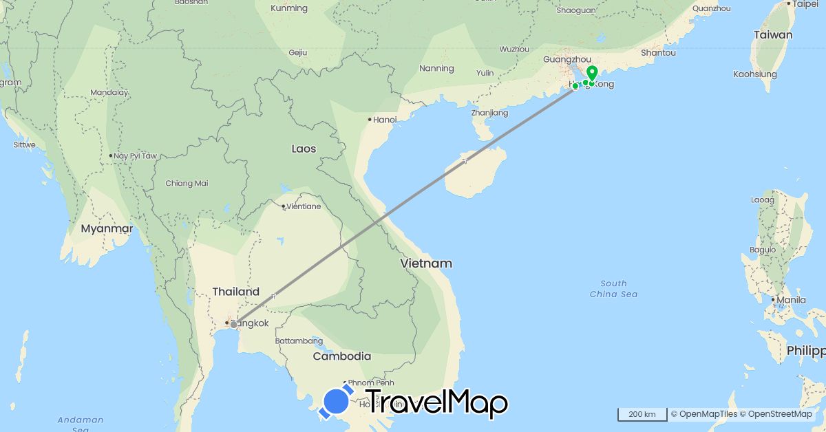 TravelMap itinerary: driving, bus, plane, train, hiking, boat in China, Thailand (Asia)